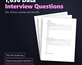 1636 Data Science Interview Questions PDF Bundle, SQL Python pandas NumPy, Verified Answers Explained