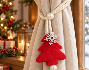 Felt Christmas Tree Curtain Tieback, Snowflake & Pearl Bead, Holiday Window Holder