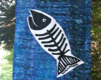 Fish bone applique on 3' x 5' blue batik