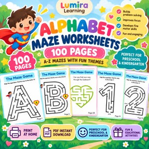 Può includere: Un prodotto educativo digitale intitolato Alphabet Maze Worksheets 100 Pages con un supereroe dei cartoni animati. La copertina mostra cinque fogli di attività campione con labirinti di lettere e numeri, inclusi A, B, 1, 2 e una forma a cuore, con testo che descrive funzionalità come la stampa a casa e il download istantaneo in PDF.