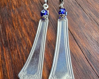 Grecian 1915 Silverplate Ceiling Fan Pulls with Blue Evil Eye Glass Beads, Set of 2