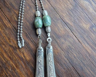 Handmade Ceiling Fan Pulls Set of 2 | Vintage Silverplate | Green Stone Beads