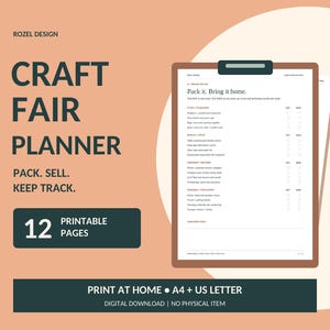 Könnte beinhalten: Eine digitale Planervorlage für Kunsthandwerkermärkte auf einem Klemmbrett mit 12 druckbaren Seiten. Der Text lautet ROZEL DESIGN, CRAFT FAIR PLANNER, PACK. SELL. KEEP TRACK., 12 PRINTABLE PAGES, PRINT AT HOME, A4 + US LETTER, DIGITAL DOWNLOAD.