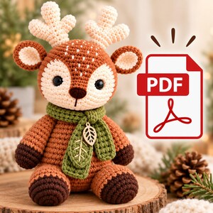 May include: A brown and cream crocheted deer plush toy featuring a green scarf with a small wooden leaf charm. The deer has large black eyes, dark brown hooves, and white antlers. A red and white PDF icon is positioned to the right of the toy.