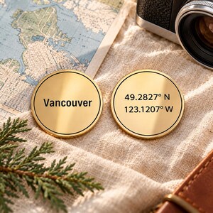 Pièce souvenir personnalisée de votre ville natale, nom de la ville et coordonnées GPS, cadeau de départ, jeton en laiton.