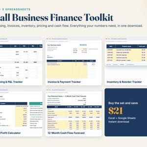 May include: A digital bundle of five small business finance spreadsheets including a bookkeeping and P&L tracker, invoice and payment tracker, inventory and reorder tracker, pricing and profit calculator, and a 12-month cash flow forecast.