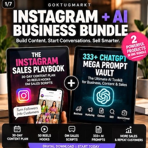 May include: A digital business bundle featuring The Instagram Sales Playbook and 333+ ChatGPT Mega Prompt Vault on two tablets. The text includes Instagram + AI Business Bundle, Build Content, Start Conversations, Sell Smarter, and 2 Powerful Products.