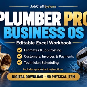 Op de afbeelding: Een digitale download voor JobCraftSystems Plumber Pro Business OS, een bewerkbaar Excel-werkboek. De afbeelding bevat tekst, een messing buiskoppeling en een moersleutel op een blauwe achtergrond met waterdruppels. Inclusief planning.