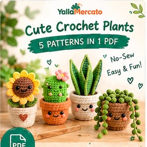 Peut inclure: Un guide de modèles PDF numérique intitulé YallaMercato Cute Crochet Plants 5 PATTERNS IN 1 PDF présentant quatre plantes crochetées dans des petits pots avec des visages, dont un tournesol, un cactus à fleur rose, une sansevieria et un séneçon.