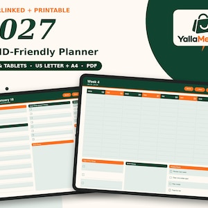 Peut inclure: Un planificateur numérique 2027 ADHD-Friendly affiché sur deux tablettes, avec un schéma de couleurs vert foncé et orange. Les écrans présentent une mise en page hebdomadaire, des blocs horaires et des listes de tâches avec le texte YallaMercato.