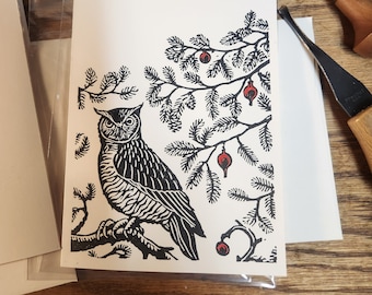 Christmas Owl, handprinted linocut card, © 2020 Patrick Norton