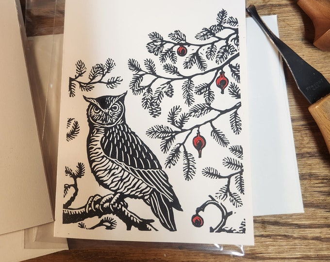 Christmas Owl, handprinted linocut card, © 2020 Patrick Norton