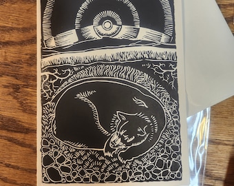 Solstice Bear, handprinted linocut card, © 2019 Patrick Norton