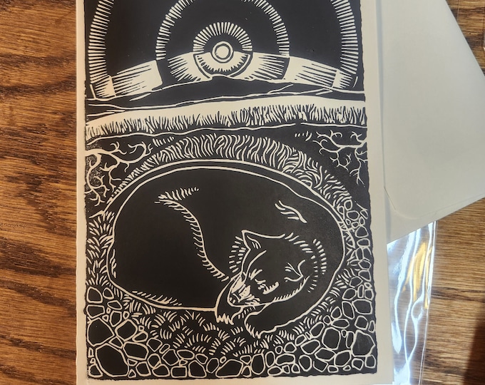 Solstice Bear, handprinted linocut card, © 2019 Patrick Norton