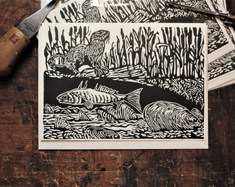 Mossels In The Creek, handgedrukte linosnedekaart, © 2022 Patrick Norton