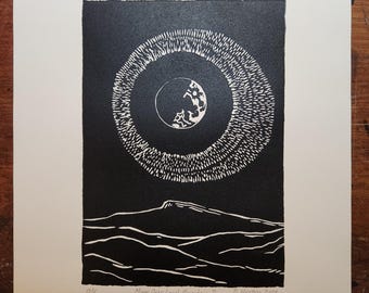 Moon over Larch Mountain II, Winter Solstice, handprinted linocut print, © 2024 Patrick Norton
