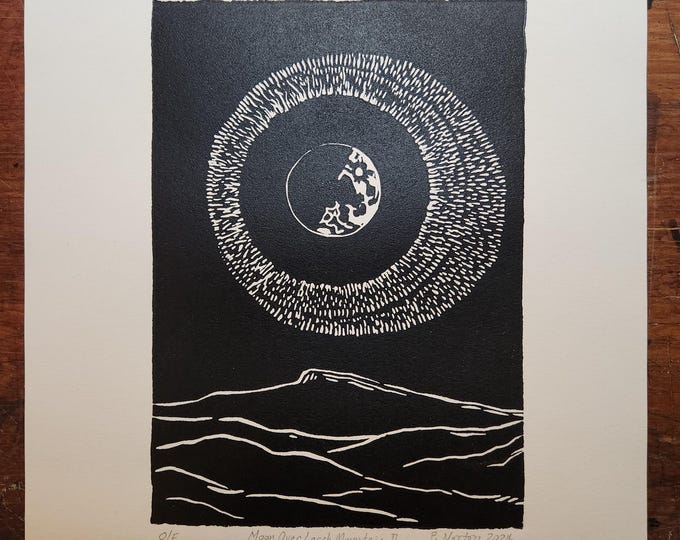 Moon over Larch Mountain II, Winter Solstice, handprinted linocut print, © 2024 Patrick Norton