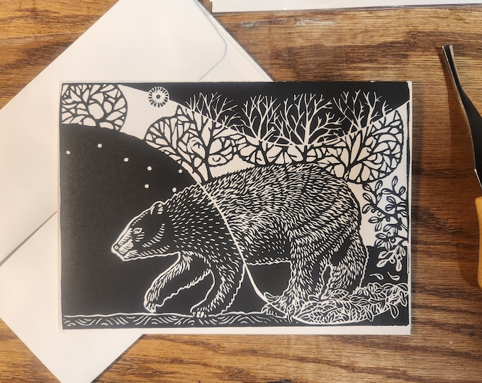 Sleepy Bear, handprinted linocut card, © 2021 Patrick Norton