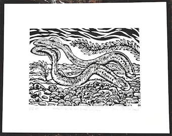 Nestbuilding Time, Western Brook Lamprey, handprinted linocut print, © 2019 Patrick Norton