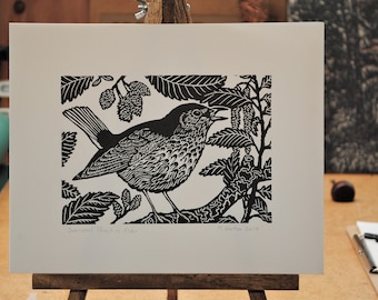 Swainson's Thrush in Alder, handprinted linocut print, © 2019 Patrick Norton