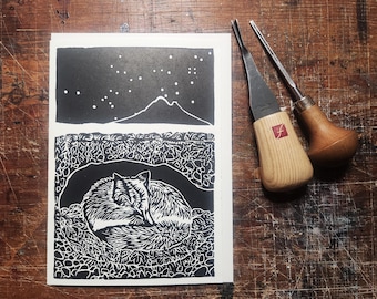 Reynard in Winter, Solstice Fox, handprinted linocut print, © 2023 Patrick Norton