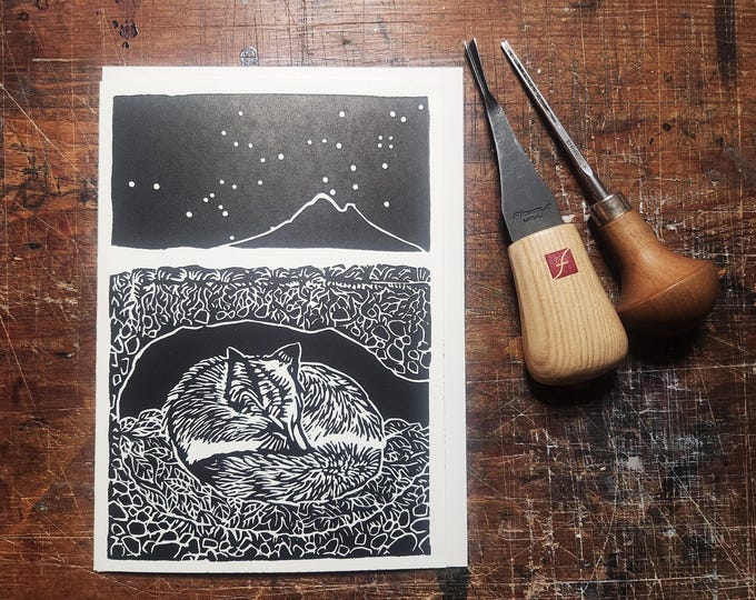 Reynard in Winter, Solstice Fox, handprinted linocut print, © 2023 Patrick Norton