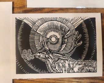 Solstice Caribou, handprinted linocut card, © 2021 Patrick Norton