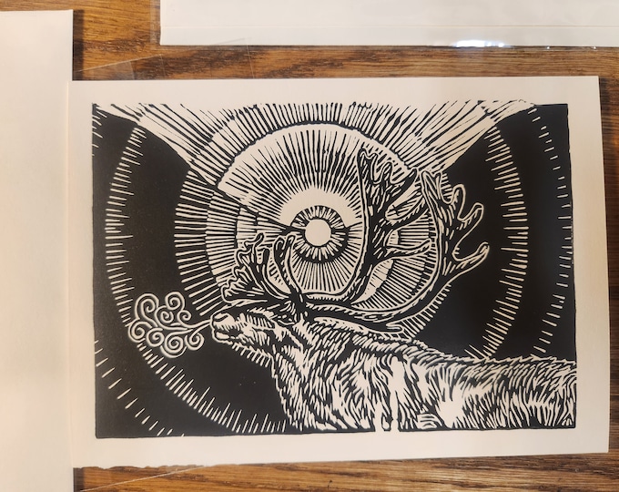 Solstice Caribou, handprinted linocut card, © 2021 Patrick Norton