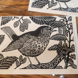 Swainson&#39;s Thrush in Alder, handprinted linocut card, © 2019 Patrick Norton