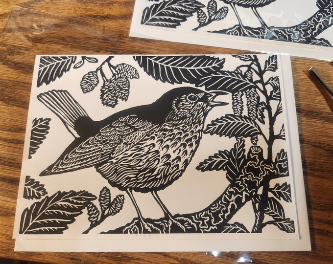 Swainson's Thrush in Alder, handprinted linocut card, © 2019 Patrick Norton