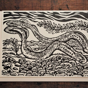 Nestbuilding Time, Western Brook Lamprey, handprinted linocut card, © 2019 Patrick Norton