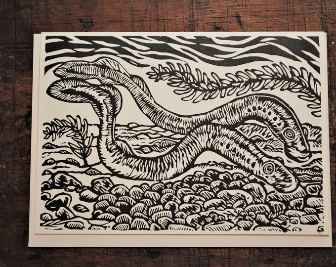 Nestbuilding Time, Western Brook Lamprey, handprinted linocut card, © 2019 Patrick Norton