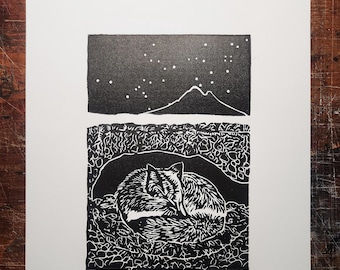 Reynard in Winter, Solstice Fox, handprinted linocut print, © 2023 Patrick Norton