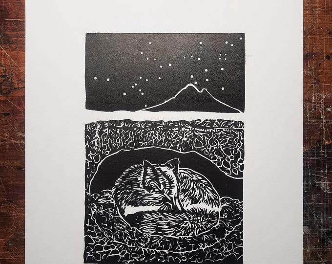 Reynard in Winter, Solstice Fox, handprinted linocut print, © 2023 Patrick Norton