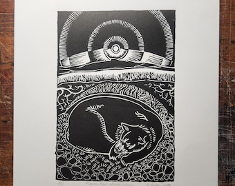 Solstice Bear, Winter Solstice handprinted linocut print, © 2019 Patrick Norton