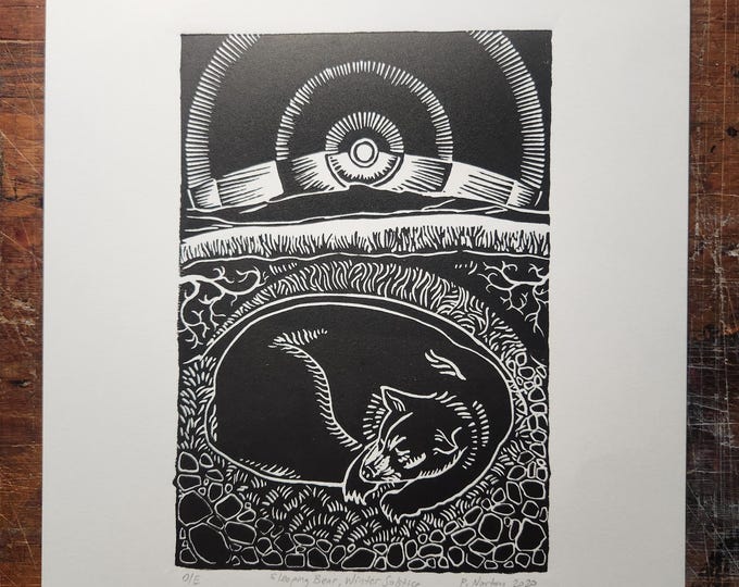 Solstice Bear, Winter Solstice handprinted linocut print, © 2019 Patrick Norton