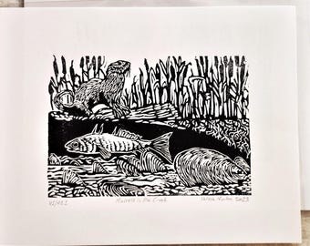Mussels In The Creek, handprinted linocut print, © 2022 Patrick Norton
