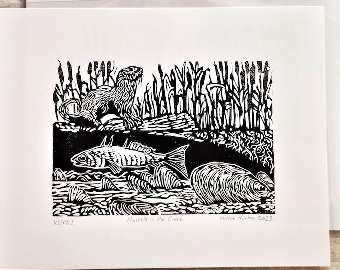 Mussels In The Creek, handprinted linocut print, © 2022 Patrick Norton