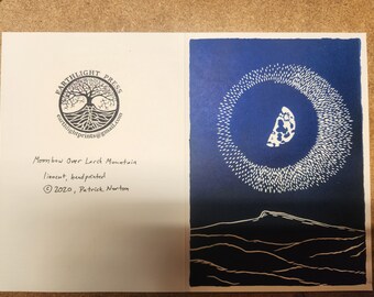 Moonbow Over Larch Mountain, Handprinted Linocut Greeting Card, 5"x 7"