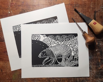 Sleepy Bear, handprinted linocut print, © 2021 Patrick Norton
