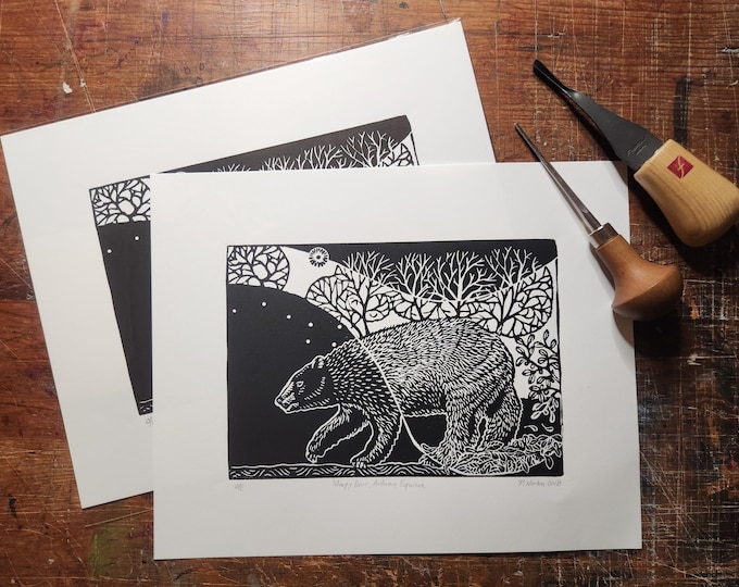 Sleepy Bear, handprinted linocut print, © 2021 Patrick Norton