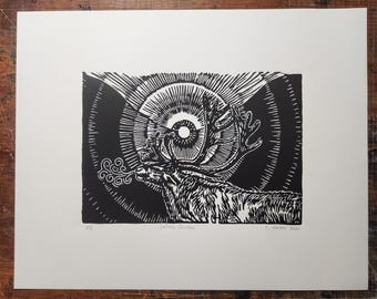 Solstice Caribou, handprinted linocut, © 2021 Patrick Norton