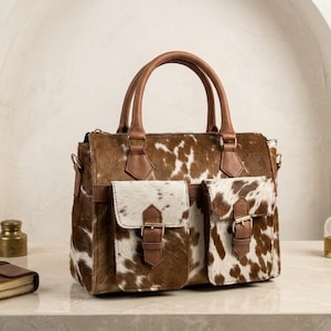 Cowhide Satchel Bag, Hair On Hide Handbag, Brown White Cowhide Purse, Western Leather Bag