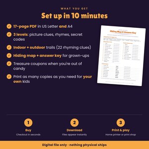 Puede incluir: Un kit de juego de b&uacute;squeda del tesoro digital con un PDF de 17 p&aacute;ginas en tama&ntilde;os US Letter y A4. Incluye tres niveles de pistas, rutas interiores y exteriores con 22 pistas rimadas, un mapa de escondites, una clave de respuestas y cupones.