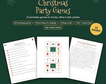 Puede incluir: Una descarga digital de 23 juegos imprimibles para fiestas de Navidad sobre un fondo verde oscuro. El conjunto incluye trivia navideña, tarjetas de bingo con imágenes y una historia de intercambio de regalos. Texto: "Christmas Party Games".