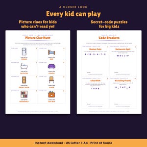 Puede incluir: Dos hojas de actividades imprimibles tituladas A Closer Look, Every kid can play. La hoja izquierda, Picture Clue Hunt, presenta ocho iconos para no lectores. La hoja derecha, Code Breakers, contiene cuatro acertijos l&oacute;gicos para ni&ntilde;os.