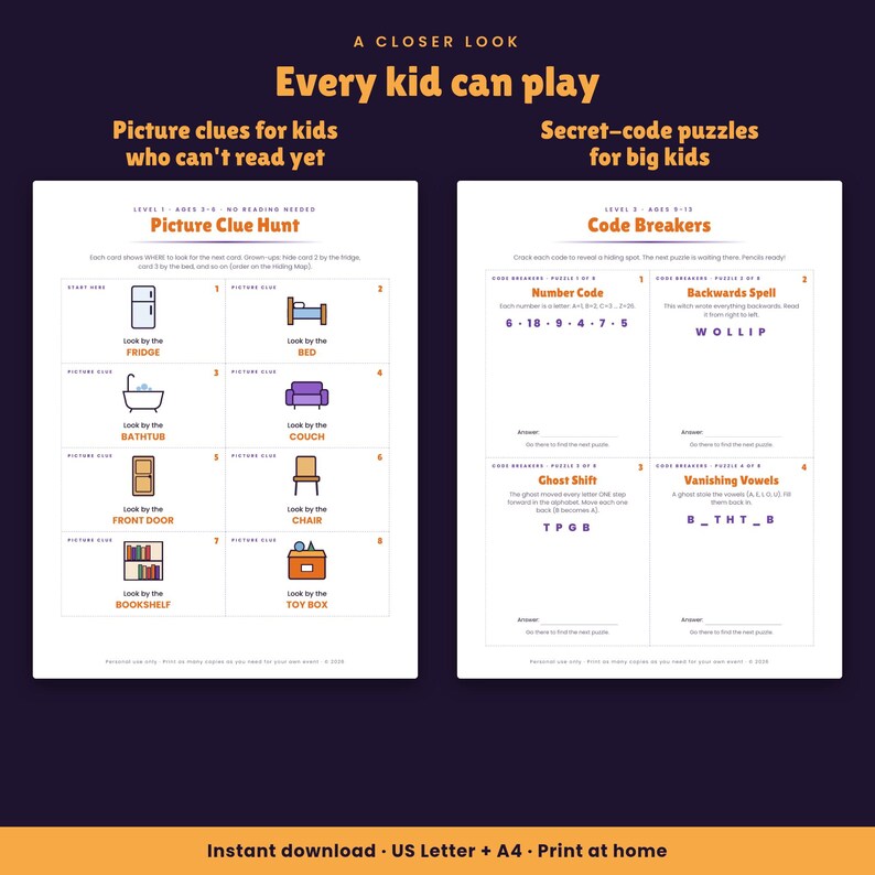 Puede incluir: Dos hojas de actividades imprimibles tituladas A Closer Look, Every kid can play. La hoja izquierda, Picture Clue Hunt, presenta ocho iconos para no lectores. La hoja derecha, Code Breakers, contiene cuatro acertijos l&oacute;gicos para ni&ntilde;os.
