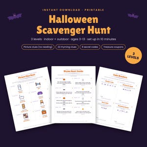 Puede incluir: Un set imprimible de b&uacute;squeda del tesoro de Halloween con tres niveles de juego, pistas visuales, acertijos en rima, c&oacute;digos secretos y cupones de tesoro. Los documentos muestran texto e iconos para actividades en interiores y exteriores.