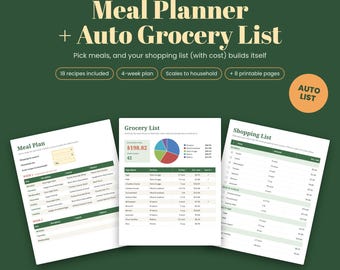 Puede incluir: Una plantilla digital de planificador de comidas y lista de la compra automática para Excel y Google Sheets. El documento incluye una tabla de menú, una lista de comestibles con gráfico y una lista de compras. Texto: Meal Planner + Auto Grocery List.