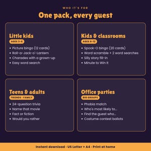Może przedstawiać: Ciemnofioletowa infografika z tytułem Who it's for: One pack, every guest. Zawiera listę gier dla czterech grup: Little kids ages 3-6, Kids & classrooms ages 6-12, Teens & adults oraz Office parties. Zawiera informacje o natychmiastowym pobieraniu.